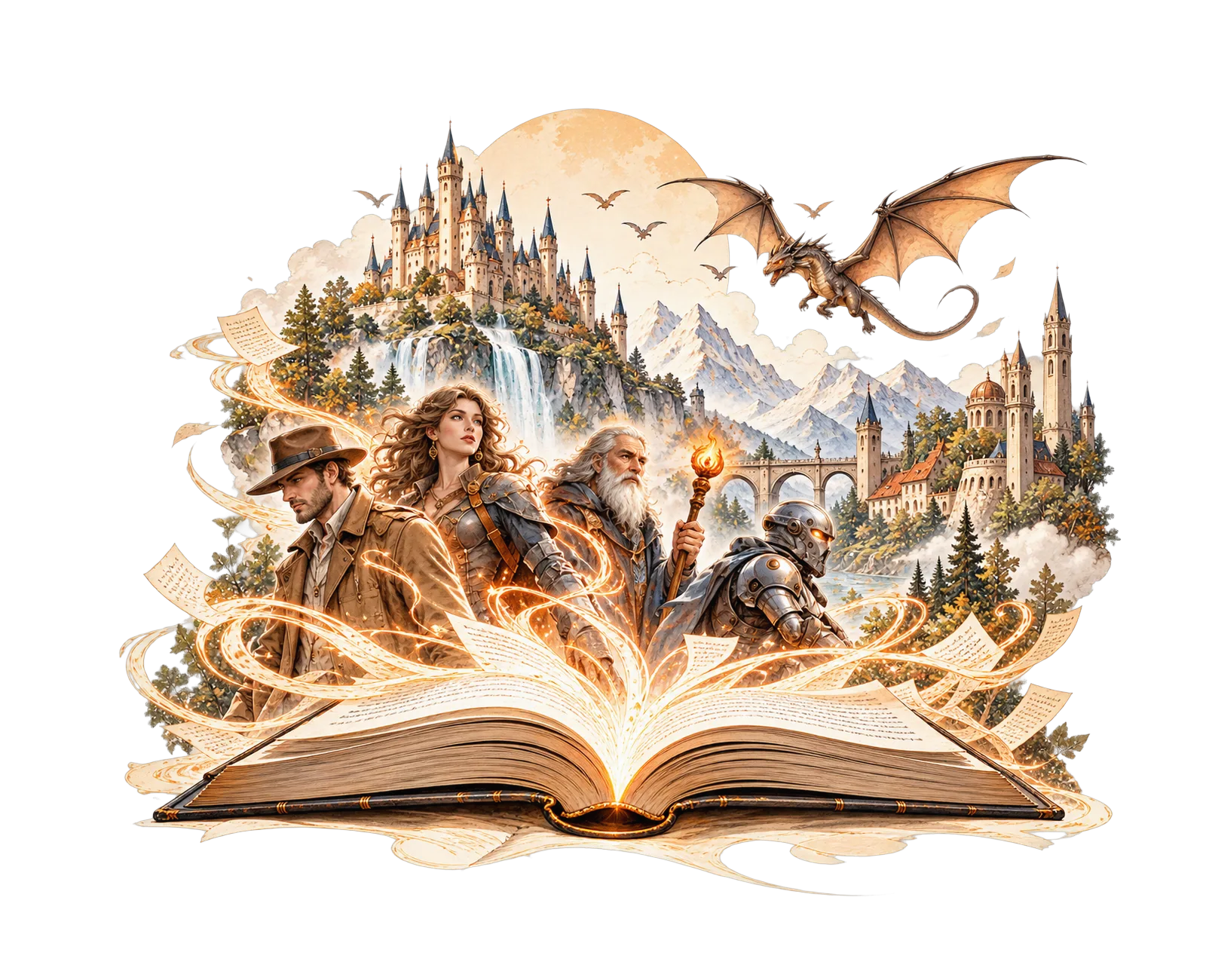 An open book with a castle, a dragon and four story characters rising from its glowing pages