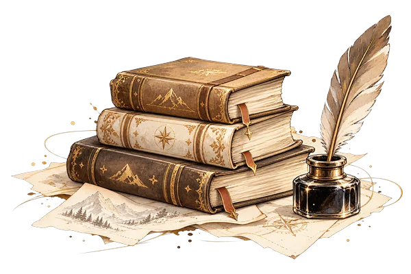 A stack of leather-bound books beside a quill and inkwell